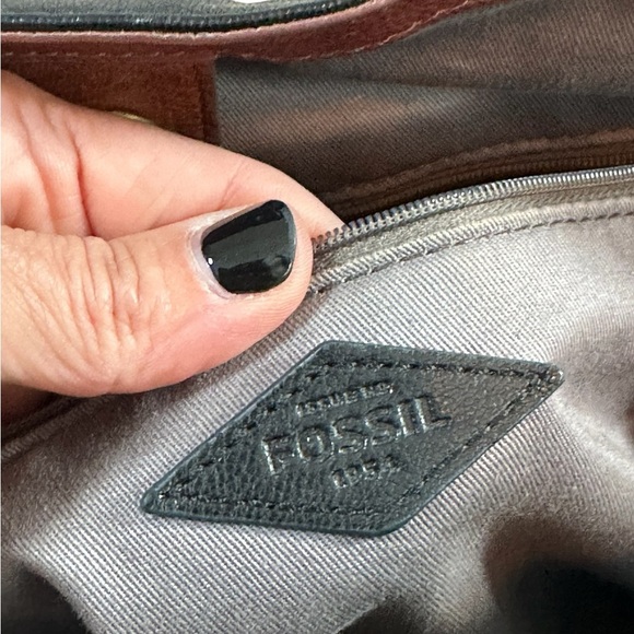 Fossil 2 in One Tote Expandable Black Brown Goat Hide Leather Side Zippers - Picture 7 of 11